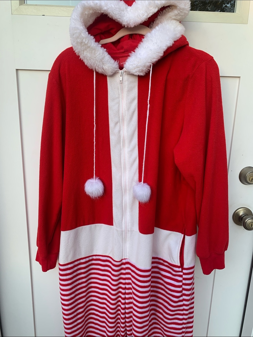 Adults Red & White Santa Onesie Hooded Holiday Zip-Up PJ’S with Faux Fur Trim